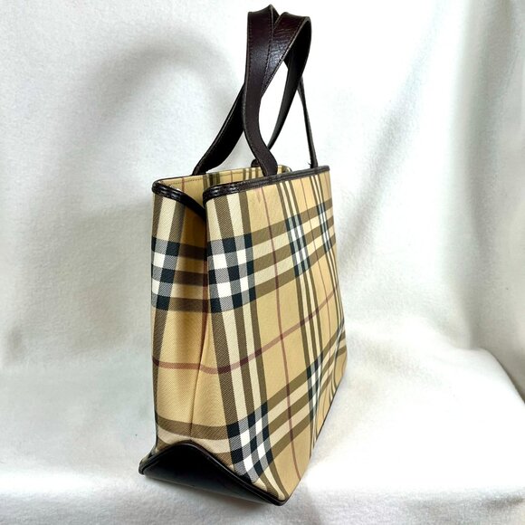 BURBERRY Checker Medium Tote Bag Beige/Brown Inside zipper pocket Purse PVC - Picture 6 of 16